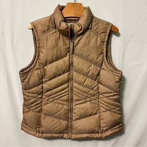 Ann Taylor Loft Puffer Vest Quilted Tan Womens 10P Down Full Zip Small Seam Hole